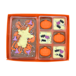 halloween slab and six chocolates gift box with ghosts and pumpkins