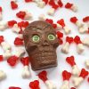 chocolate skull with green eyes on jelly bones