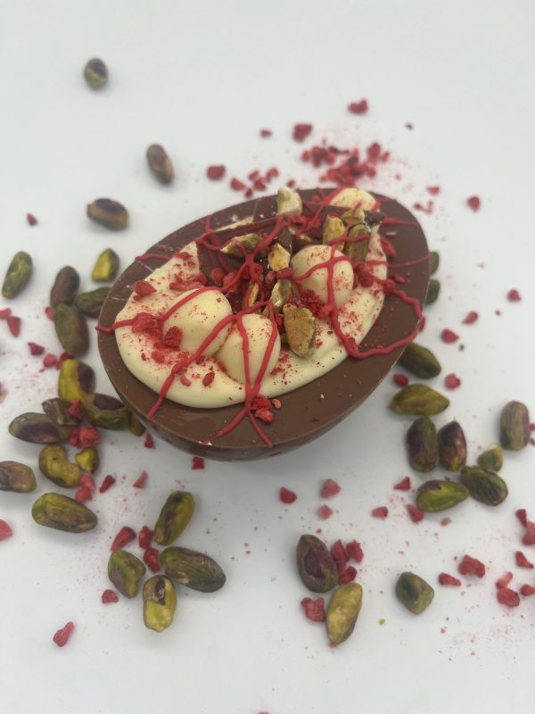 raspberry pistachio half easter egg milk chocolate