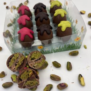 9 chocolate eggs, with raspberry pistachio, pistachio & knafeh, pistachio and brownie